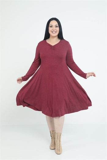 Büyük Beden V Yaka Yün Viskon Midi Bordo Kloş Elbise