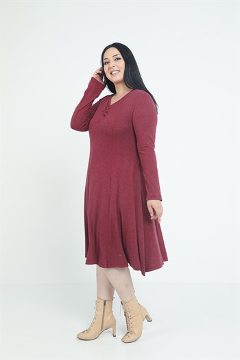 Büyük Beden V Yaka Yün Viskon Midi Bordo Kloş Elbise