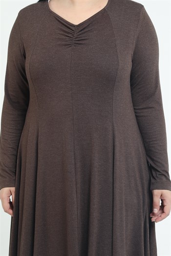 Büyük Beden V Yaka Yün Viskon Midi Kahverengi Kloş Elbise
