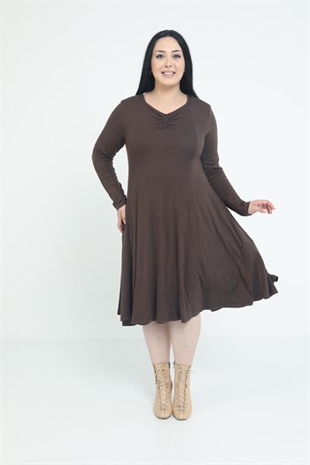 Büyük Beden V Yaka Yün Viskon Midi Kahverengi Kloş Elbise
