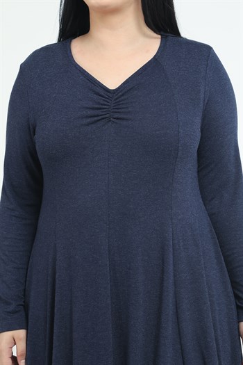 Büyük Beden V Yaka Yün Viskon Midi Lacivert Kloş Elbise