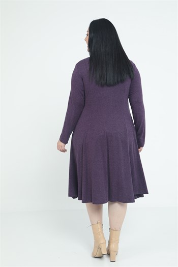 Büyük Beden V Yaka Yün Viskon Midi Mürdüm Kloş Elbise