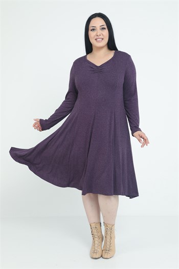 Büyük Beden V Yaka Yün Viskon Midi Mürdüm Kloş Elbise