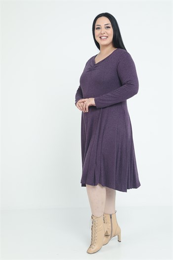 Büyük Beden V Yaka Yün Viskon Midi Mürdüm Kloş Elbise