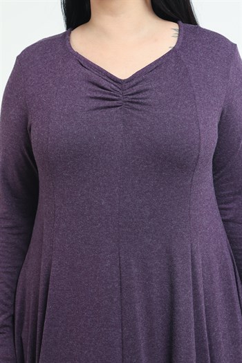 Büyük Beden V Yaka Yün Viskon Midi Mürdüm Kloş Elbise