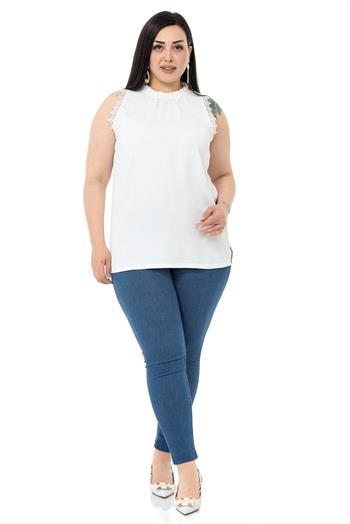 Plus Size White Blouse with Lace Sleeves and Collar Detail
