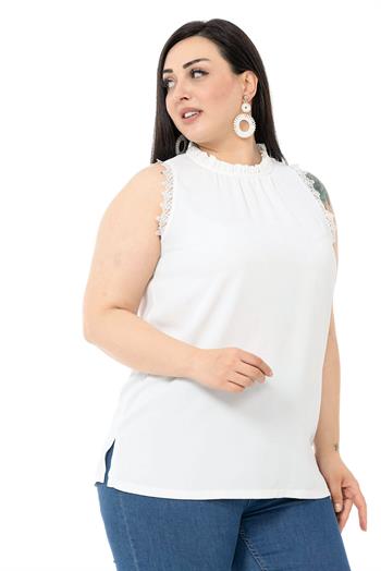 Plus Size White Blouse with Lace Sleeves and Collar Detail