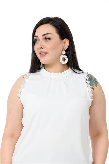 Plus Size White Blouse with Lace Sleeves and Collar Detail