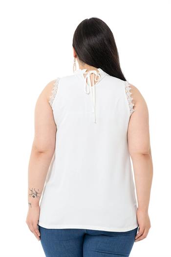 Plus Size White Blouse with Lace Sleeves and Collar Detail