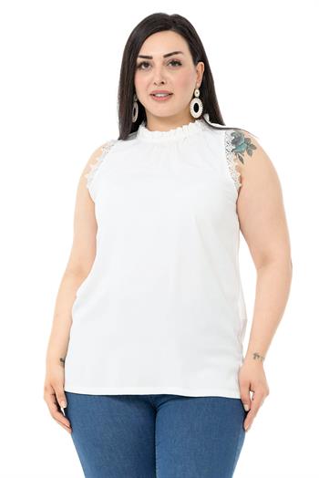 Plus Size White Blouse with Lace Sleeves and Collar Detail