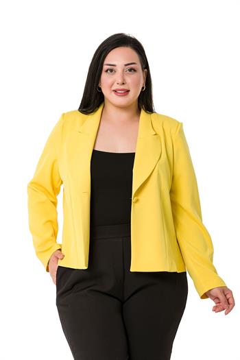 Plus Size Collar Detailed Padded Unlined Short Yellow Jacket