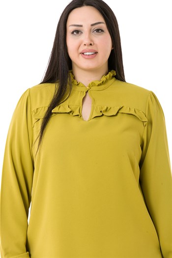 Plus Size Pistachio Blouse with Frill Detail on Collar and Chest and Slits on the Side