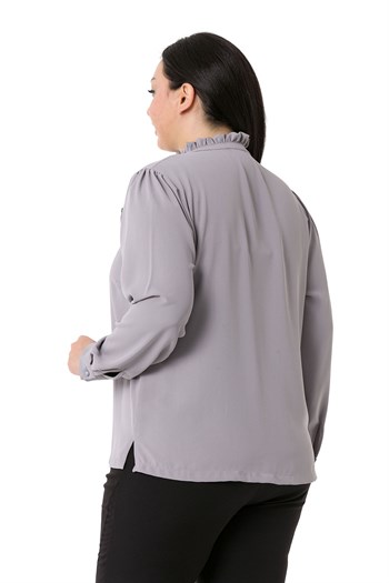 Plus Size Gray Blouse with Frill Detail on Collar and Chest and Slits on the Side