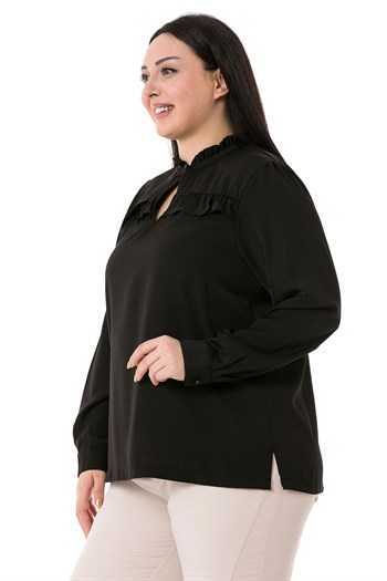 Plus Size Black Blouse with Frill Detail on Collar and Chest and Slits on the Side