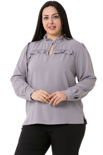Plus Size Gray Blouse with Frill Detail on Collar and Chest and Slits on the Side