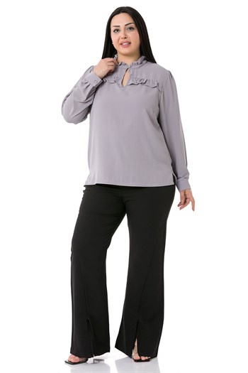 Plus Size Gray Blouse with Frill Detail on Collar and Chest and Slits on the Side