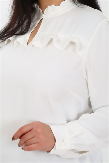 Plus Size White Blouse with Frill Detail on Collar and Chest and Slits on the Side