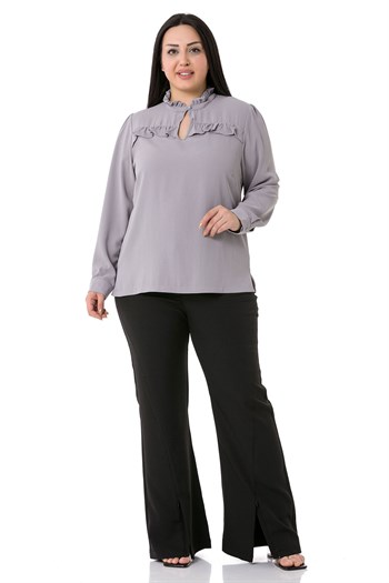 Plus Size Gray Blouse with Frill Detail on Collar and Chest and Slits on the Side