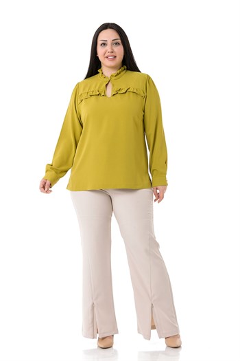 Plus Size Pistachio Blouse with Frill Detail on Collar and Chest and Slits on the Side