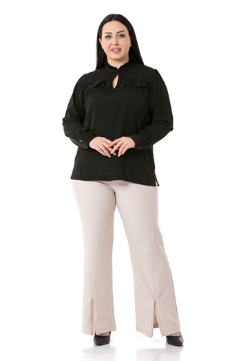 Plus Size Black Blouse with Frill Detail on Collar and Chest and Slits on the Side