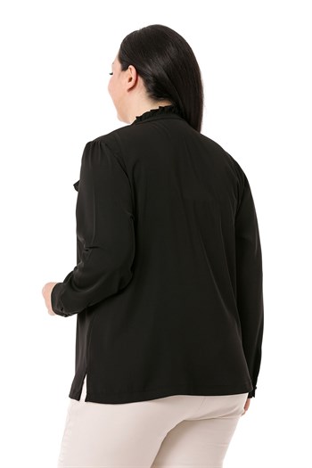 Plus Size Black Blouse with Frill Detail on Collar and Chest and Slits on the Side