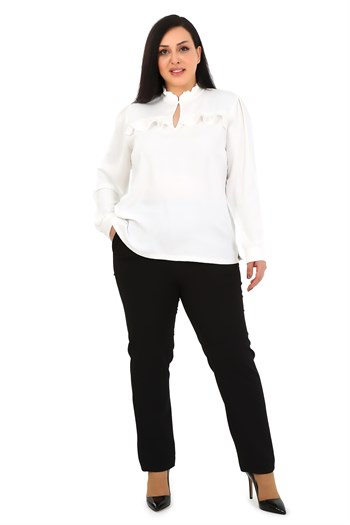 Plus Size White Blouse with Frill Detail on Collar and Chest and Slits on the Side