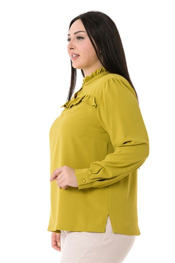 Plus Size Pistachio Blouse with Frill Detail on Collar and Chest and Slits on the Side