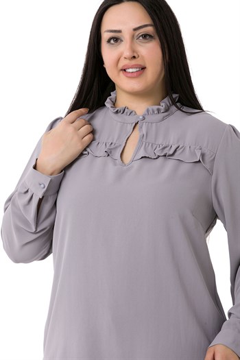 Plus Size Gray Blouse with Frill Detail on Collar and Chest and Slits on the Side