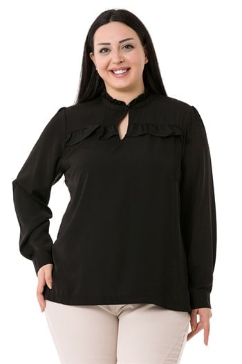 Plus Size Black Blouse with Frill Detail on Collar and Chest and Slits on the Side