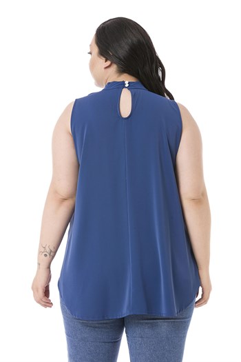 Plus Size Sleeveless Indigo Blouse with Buttoned Back Collar and High Collar