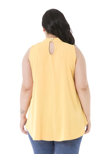 Plus Size Sleeveless Yellow Blouse with Buttoned Back Collar and High Collar