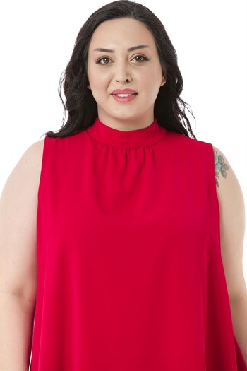 Plus Size Sleeveless Red Blouse with Buttoned Back Collar and High Collar