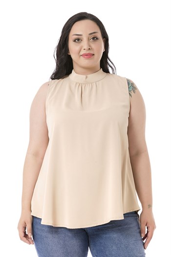 Büyük Beden Yakası Arkadan Düğmeli Dik Yaka Dökümlü Kolsuz Bej Rengi Bluz