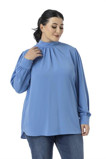 Büyük Beden Yakası Arkadan Düğmeli Dik Yaka Dökümlü İndigo Bluz