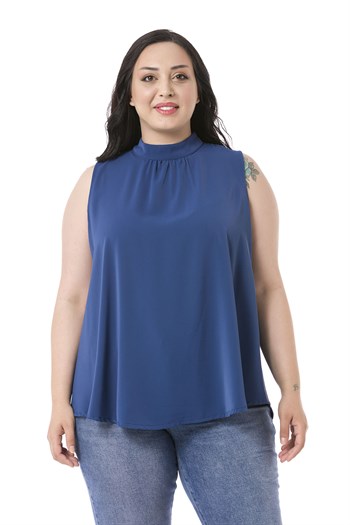 Plus Size Sleeveless Indigo Blouse with Buttoned Back Collar and High Collar