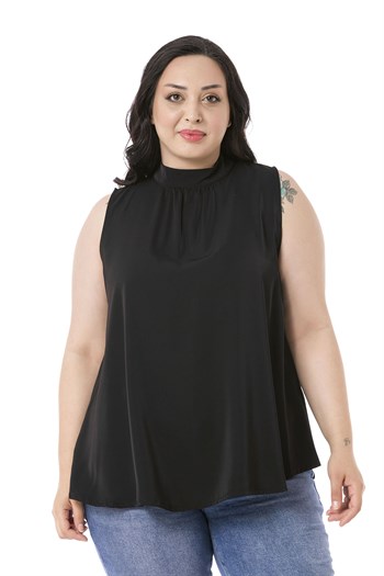 Büyük Beden Yakası Arkadan Düğmeli Dik Yaka Dökümlü Kolsuz Siyah Bluz