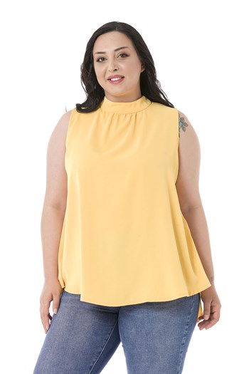 Plus Size Sleeveless Yellow Blouse with Buttoned Back Collar and High Collar