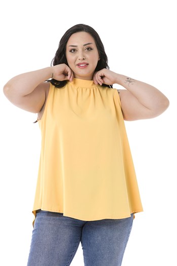 Plus Size Sleeveless Yellow Blouse with Buttoned Back Collar and High Collar