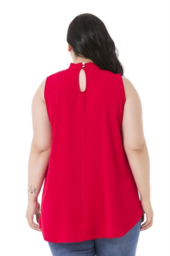 Plus Size Sleeveless Red Blouse with Buttoned Back Collar and High Collar