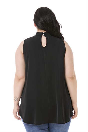 Büyük Beden Yakası Arkadan Düğmeli Dik Yaka Dökümlü Kolsuz Siyah Bluz