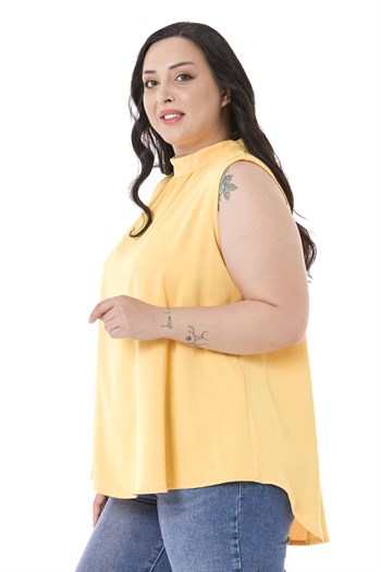 Plus Size Sleeveless Yellow Blouse with Buttoned Back Collar and High Collar