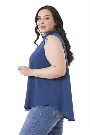 Plus Size Sleeveless Indigo Blouse with Buttoned Back Collar and High Collar