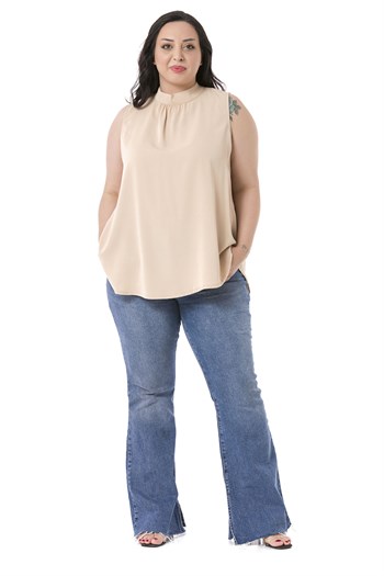 Büyük Beden Yakası Arkadan Düğmeli Dik Yaka Dökümlü Kolsuz Bej Rengi Bluz