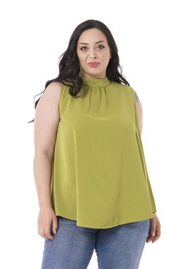 Plus Size Sleeveless Green Blouse with Buttoned Back Collar and High Collar