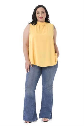 Plus Size Sleeveless Yellow Blouse with Buttoned Back Collar and High Collar