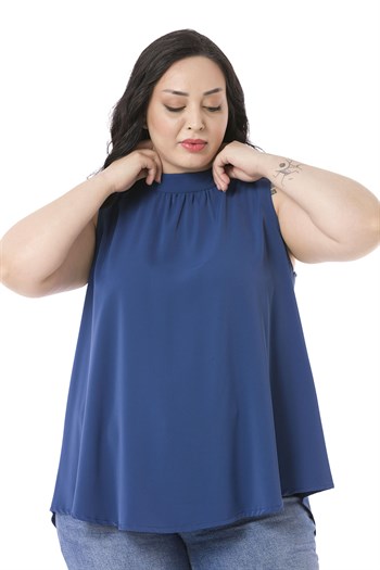 Plus Size Sleeveless Indigo Blouse with Buttoned Back Collar and High Collar