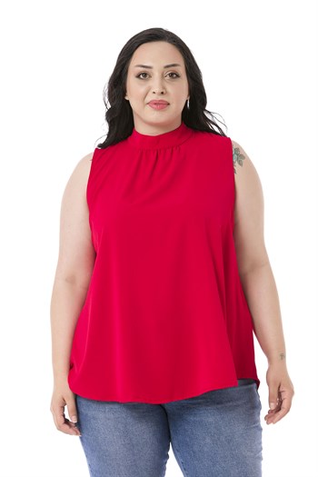 Plus Size Sleeveless Red Blouse with Buttoned Back Collar and High Collar