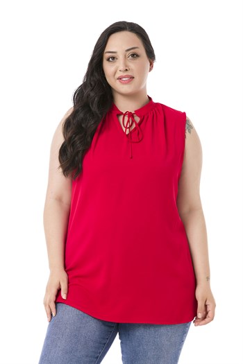 Plus Size Sleeveless Red Blouse with Tie-Down Collar High Collar and Side Slits