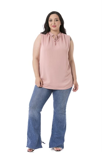 Plus Size Sleeveless Light Pink Blouse with Tie-Down Collar High Collar and Side Slits