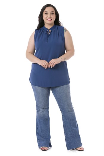Plus Size Sleeveless İndigo Blouse with Tie-Down Collar High Collar and Side Slits